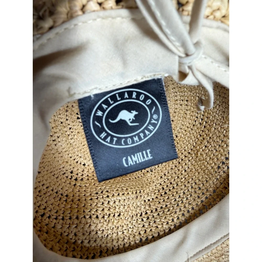 Wallaroo Hat Company Camille Natural Raffia Straw Sun Hat Wide Brim Tan Grey